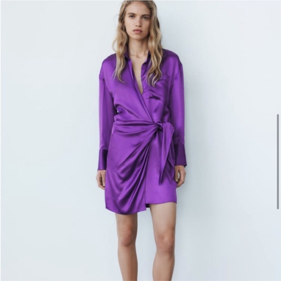 Zara Dresses & Skirts - NWT ZARA SATIN EFFECT WRAP DRESS PURPLE